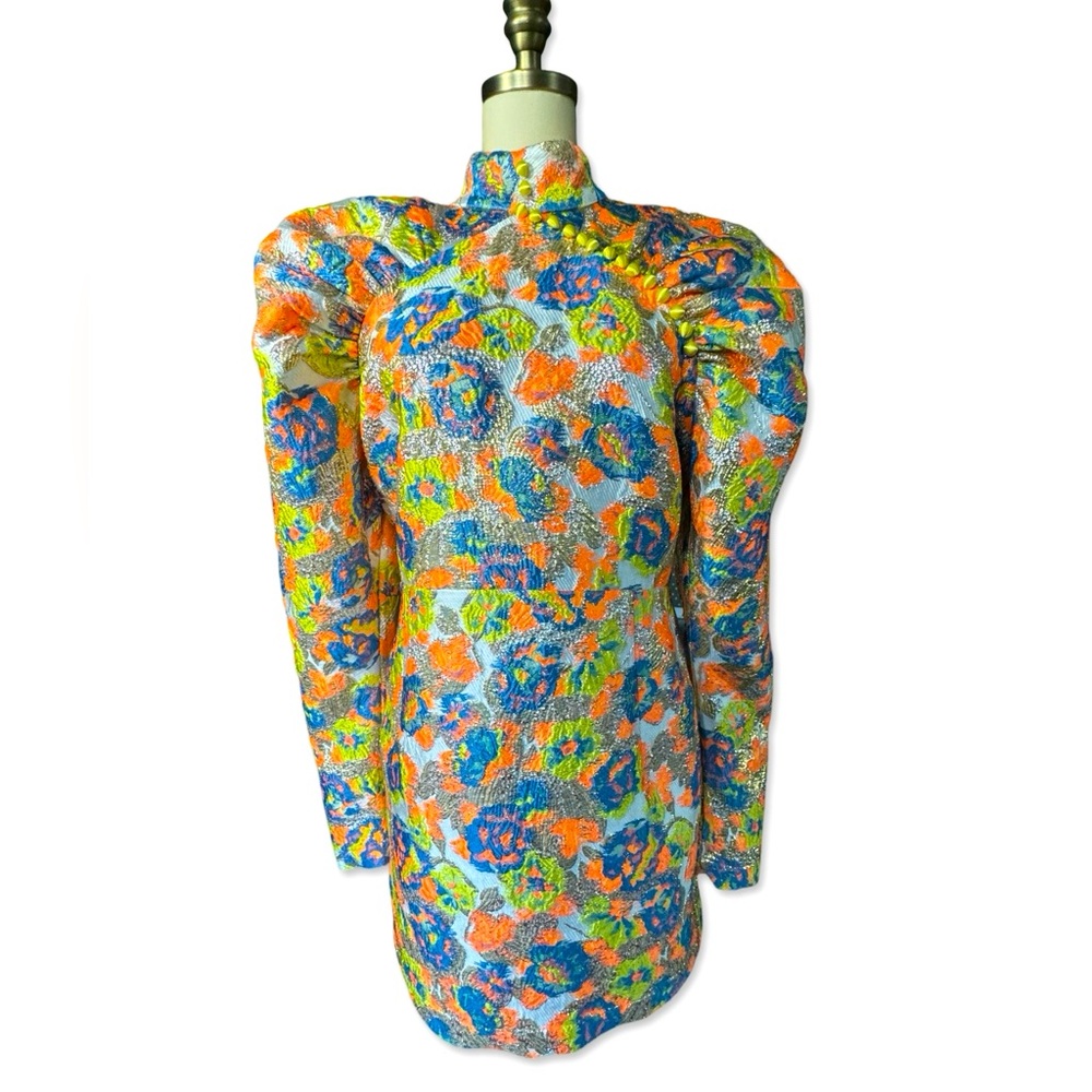 Rotate by Birger Christenson Kim Button Jacquard Mini Dress Metallic Floral